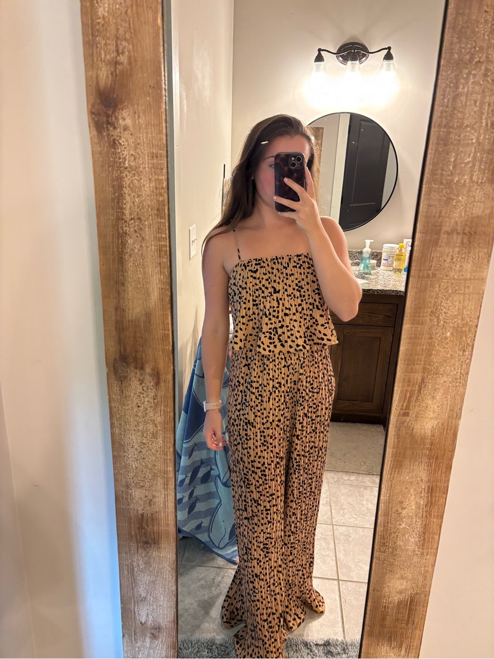 Women's Pleated Tan Leopard Printed Strap Jumpsuit Size Small